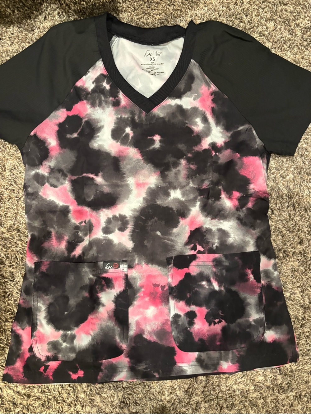 KOI Women's V-Neck Tie-Dye Scrub Top in Pink & Black
